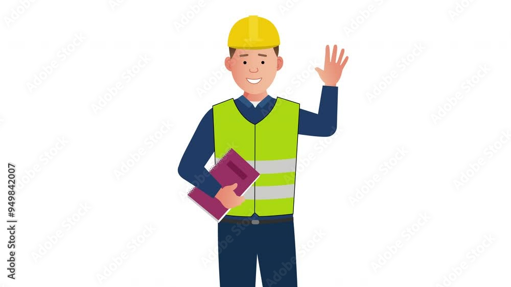 2D Illustrated construction maintenance worker vector character waving hand and smiling animation. On white background. 2D Illustrated construction maintenance worker vector character waving hand and smiling animation. On white background.
