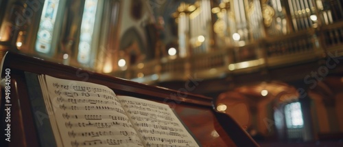 Close-up of open sheet music in a church with elaborate organ pipes and warm lighting, creating a serene and inspirational ambiance.