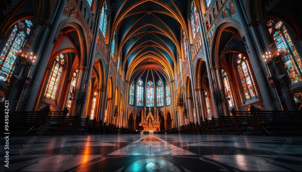 Fototapeta premium Gothic cathedral with stained glass windows, grand and historical, Historical, Muted tones, Photograph, Architectural beauty