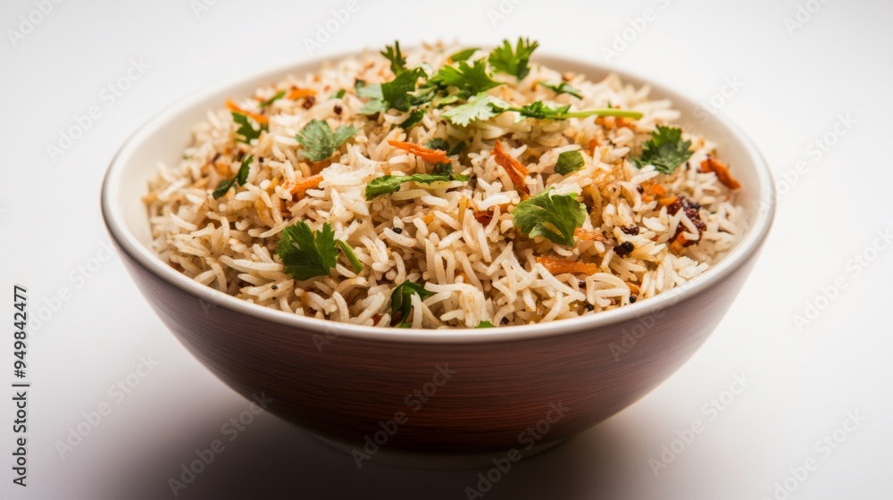 A bowl of fragrant biryani rice garnished with herbs, placed on a clean white background, showcasing the intricate details and spices. A bowl of fragrant biryani rice garnished with herbs, placed on a clean white background, showcasing the intricate details and spices.