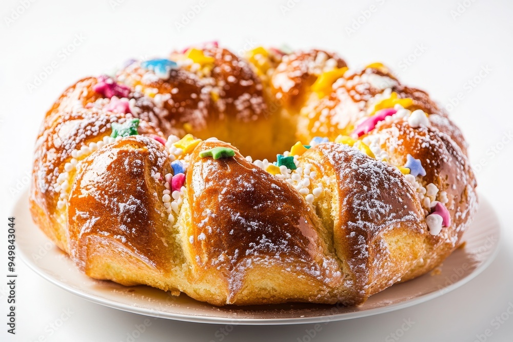 Rosca de Reyes, A traditional Spanish and Latin American cake, similar to the French King Cake, eaten on January 6th to celebrate Epiphany. Isolated on White Background Rosca de Reyes, A traditional Spanish and Latin American cake, similar to the French King Cake, eaten on January 6th to celebrate Epiphany. Isolated on White Background