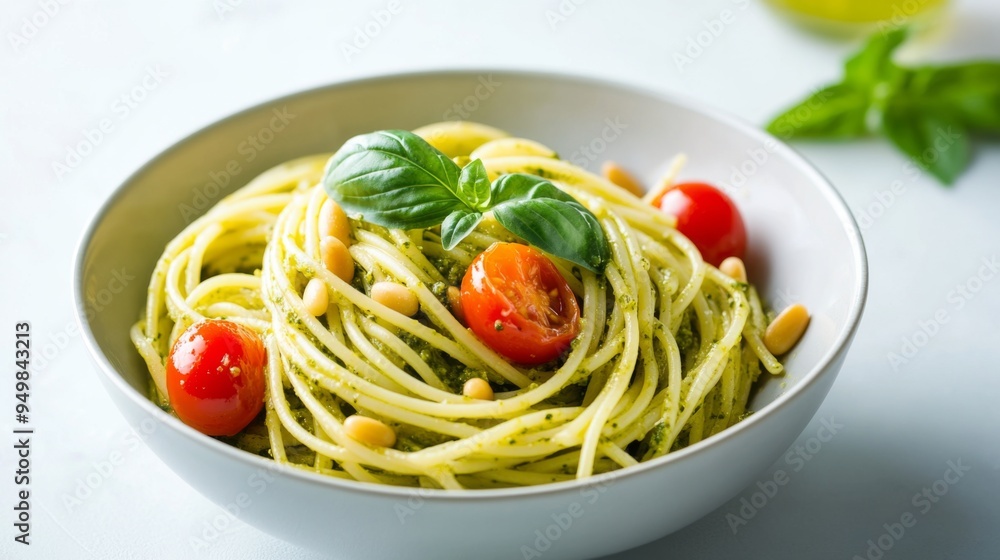 A bowl of spaghetti with pesto sauce, pine nuts, and cherry tomatoes, set against a clean white surface to highlight its vibrant colors. A bowl of spaghetti with pesto sauce, pine nuts, and cherry tomatoes, set against a clean white surface to highlight its vibrant colors.