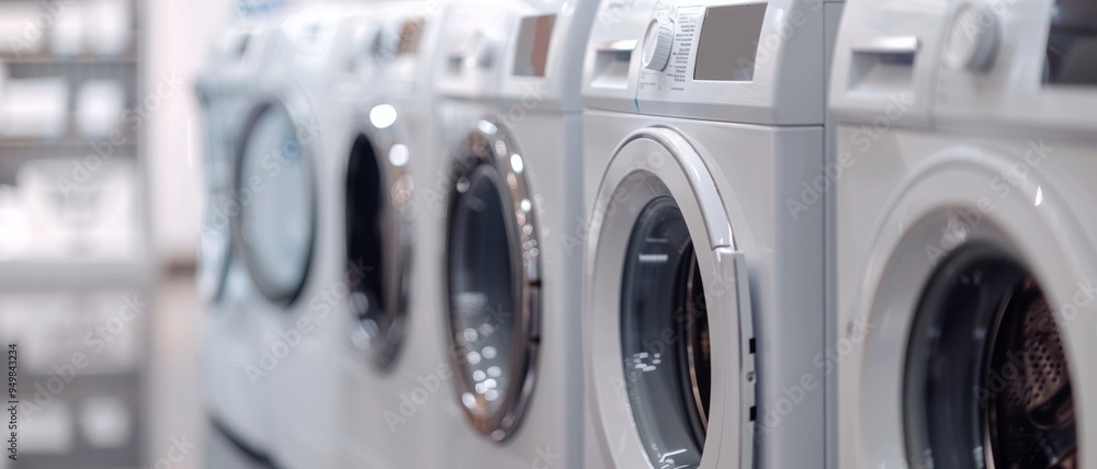 A side view of washing machines lined up in a store, inviting customers with their sparkling cleanliness and advanced features. A side view of washing machines lined up in a store, inviting customers with their sparkling cleanliness and advanced features.