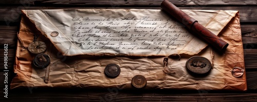 Handwritten letter on aged parchment, intimate and nostalgic, Vintage, Sepia, Photograph, Personal touch