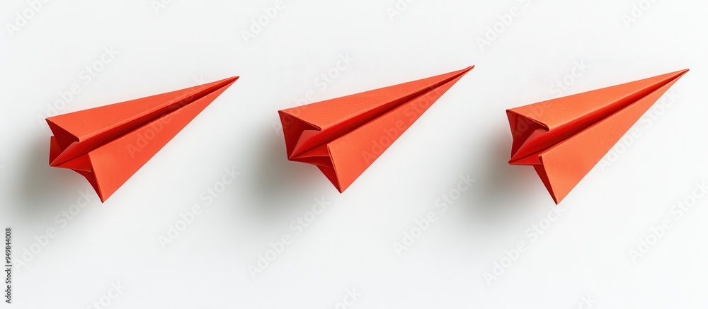 Three Red Paper Airplanes in a Row on a White Background - Minimalist Concept of Flight and Creativity Three Red Paper Airplanes in a Row on a White Background - Minimalist Concept of Flight and Creativity