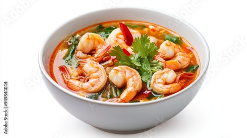 A bowl of Tom Yum Goong with a rich, spicy broth, featuring shrimp and vegetables, set against a clean white background for emphasis.