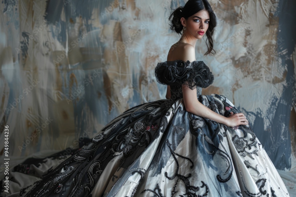 A statuesque lady model in a dramatic ball gown with intricate embroidery, A woman in a wedding dress stands gracefully in front of a textured wall, embodying elegance and joy on her special day. A statuesque lady model in a dramatic ball gown with intricate embroidery, A woman in a wedding dress stands gracefully in front of a textured wall, embodying elegance and joy on her special day.