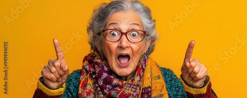 Surprised elderly Indian woman, pointing eagerly, soft solid background, designated text area, Shocked Look, Minimalist and engaging