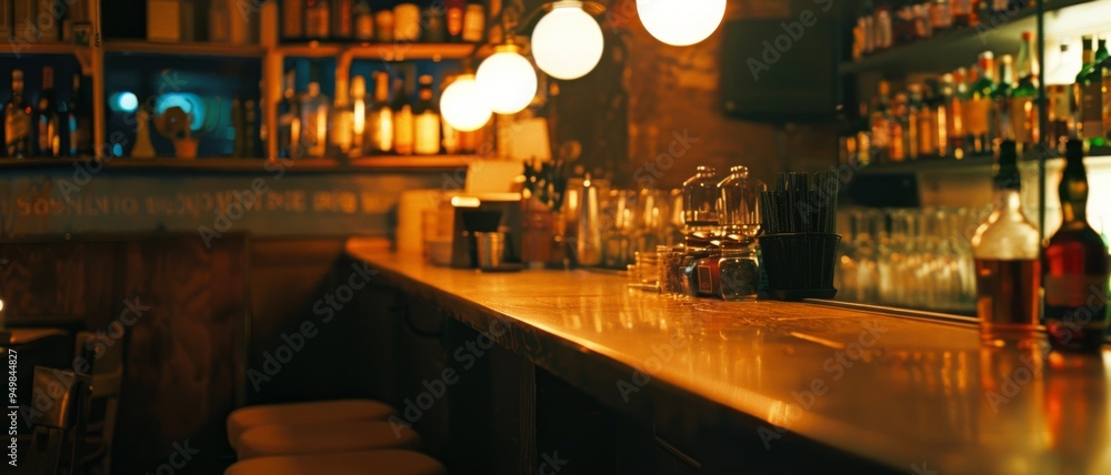 A cozy bar with warm lighting, glowing bottles on shelves, and a polished counter invites patrons for a relaxing evening. A cozy bar with warm lighting, glowing bottles on shelves, and a polished counter invites patrons for a relaxing evening.