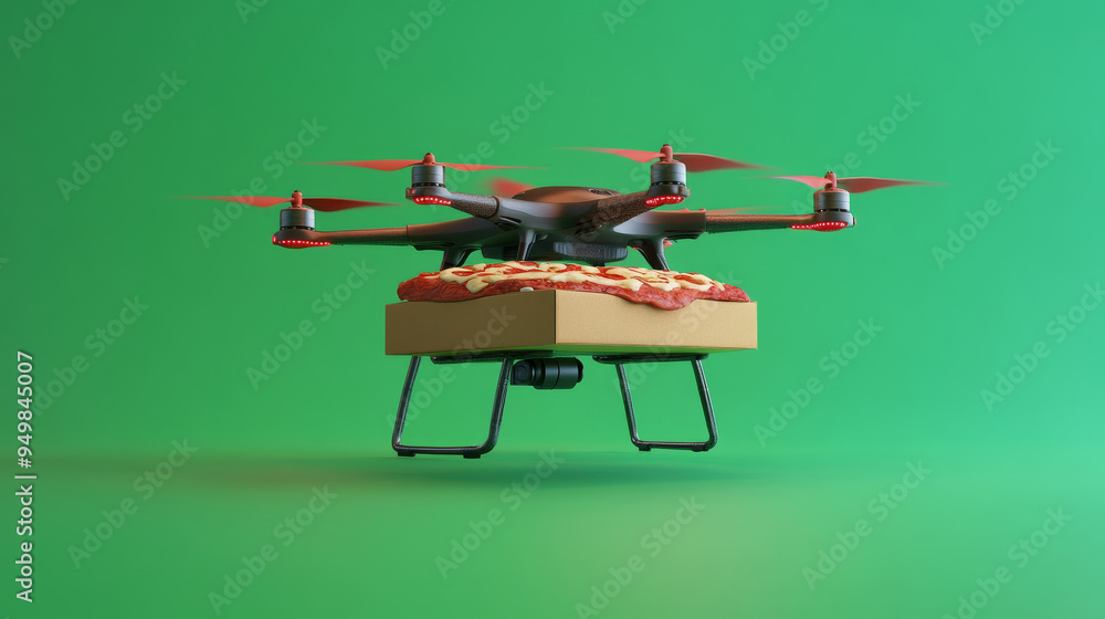 A quadcopter drone is transporting a package, with a cityscape in the background. This robotic aircraft, a 3D model, highlights rapid delivery services for logistics, especially notable during the COV A quadcopter drone is transporting a package, with a cityscape in the background. This robotic aircraft, a 3D model, highlights rapid delivery services for logistics, especially notable during the COV