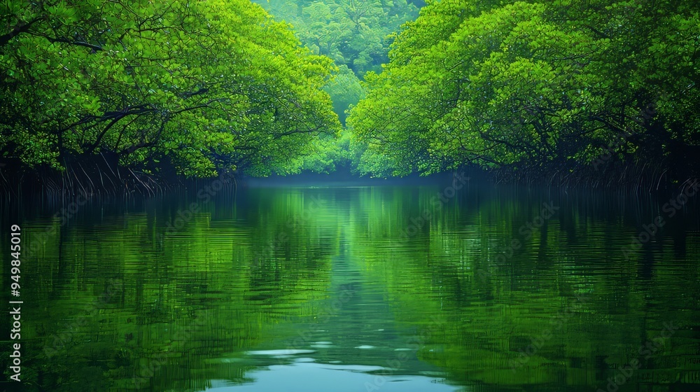 Serene view of a lush green mangrove forest by the water Serene view of a lush green mangrove forest by the water