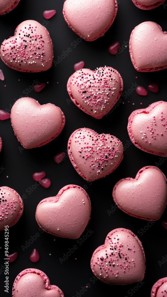 Obraz premium French sweet Strawberry Pink heart macaroons isolated on black background. Pastry shop card with copy space,french macaroons,Paris Pastry,bakery and branding valentine couple concept,copy space.