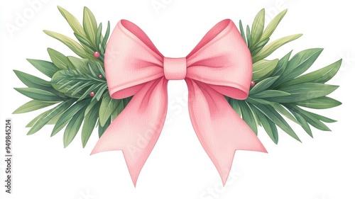 A beautiful illustration of a green wreath adorned with a soft pink bow, perfect for festive or decorative use.