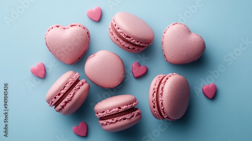 French sweet Pink heart macaroons isolated on blue background. Pastry shop card with copy spacefrench macaroons,Paris Pastry,bakery and branding valentine couple concept,copy space.