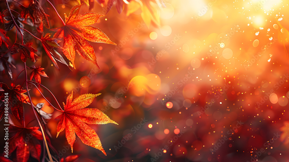 web banner design for autumn season and end year activity with red and yellow maple leaves with soft focus light and bokeh background