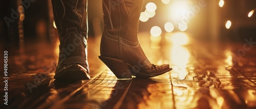 A close-up of cowboy boots on a wooden dance floor illuminated by warm, golden lights, evoking a rustic and lively country dance atmosphere. photo