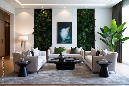 Modern Living Room Design with Bright Lighting Luxe Sofa and Abundant Greenery