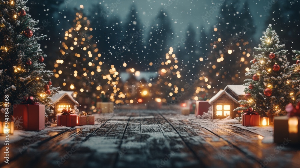 Forest of illuminated Christmas trees at twilight on a snowy night near christmas decorations on an artificial stage, Stock Image Forest of illuminated Christmas trees at twilight on a snowy night near christmas decorations on an artificial stage, Stock Image