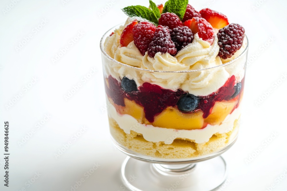 Trifle, A British layered dessert made with sponge cake, custard, whipped cream, and fruits, often enjoyed as a Christmas treat. Isolated on White Background Trifle, A British layered dessert made with sponge cake, custard, whipped cream, and fruits, often enjoyed as a Christmas treat. Isolated on White Background