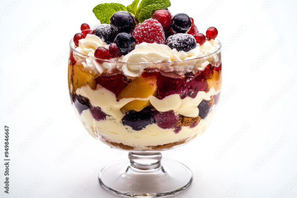 Trifle, A British layered dessert made with sponge cake, custard, whipped cream, and fruits, often enjoyed as a Christmas treat. isolated on white background Trifle, A British layered dessert made with sponge cake, custard, whipped cream, and fruits, often enjoyed as a Christmas treat. isolated on white background