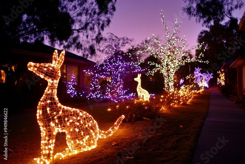 Decorative Christmas lights with kangaroos on suburban streets at dusk