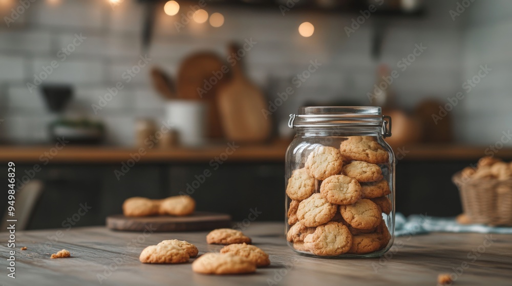 A charming image of a jar filled with homemade cookies, with a few cookies scattered around and a cozy, inviting kitchen atmosphere in the background.