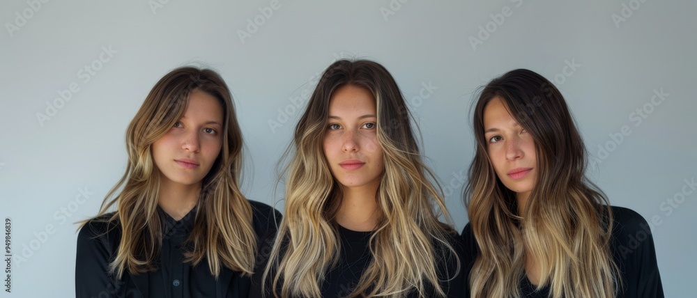 Three women with long, wavy hair in shades of brown, silver, and blonde stand side by side, highlighting their distinct yet harmonious beauty. Three women with long, wavy hair in shades of brown, silver, and blonde stand side by side, highlighting their distinct yet harmonious beauty.