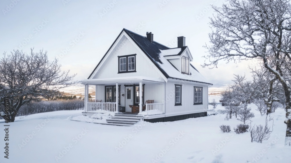 A charming Nordic-style home with a pitched roof, white facade, and cozy porch, nestled in a snowy landscape, reflecting classic Scandinavian architecture. A charming Nordic-style home with a pitched roof, white facade, and cozy porch, nestled in a snowy landscape, reflecting classic Scandinavian architecture.