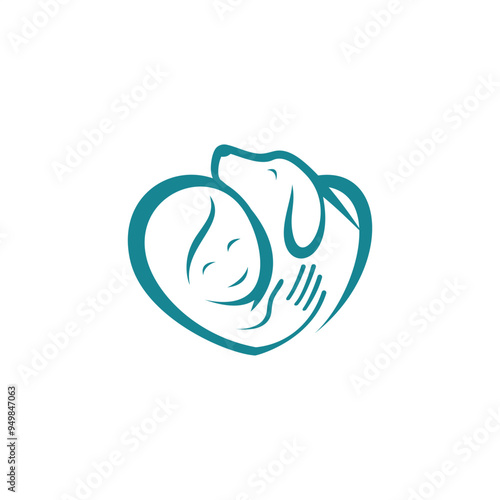 heartwarming dog and human love logo, pet and owner unity, gentle care pet, loving embrace pet adoption icon