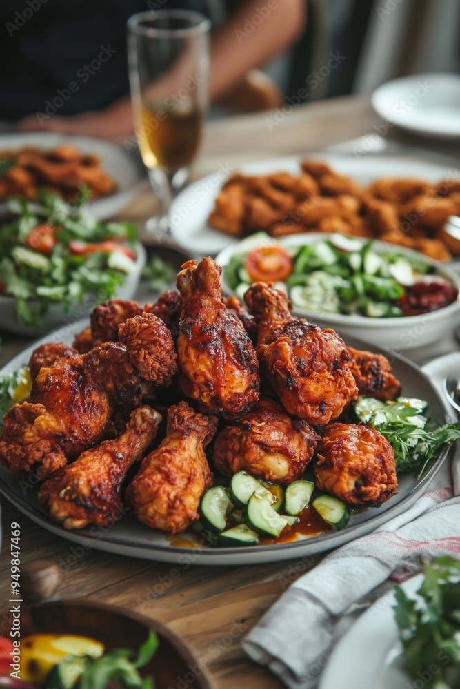 Spicy fried chicken drumsticks with salads and drinks on wooden table, casual dining scene Spicy fried chicken drumsticks with salads and drinks on wooden table, casual dining scene