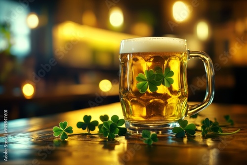 Images of festive clovers and lights on a bar with a pint of beer photo