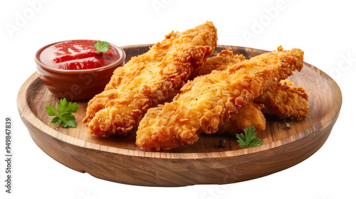 Crispy golden fried chicken tenders with dipping sauce on wooden plate