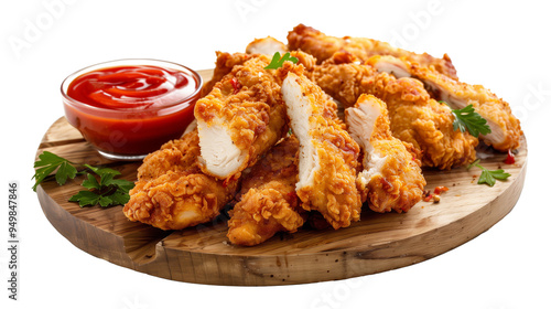 Crispy golden fried chicken tenders with ketchup on wooden board