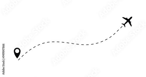 The plane icon follow from start pin point to finish by dashed line. Airplane dashed line path flat style design isolated on white background. Airplane route trace flight air map.