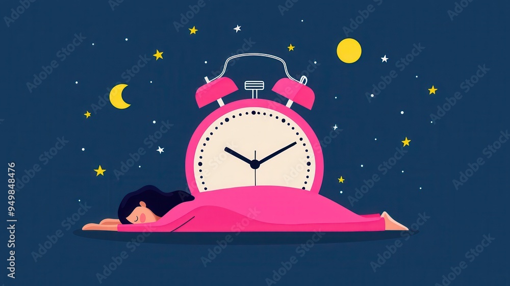 Naklejka premium A peaceful illustration of a woman sleeping soundly, with a pink blanket and an alarm clock under a starry night sky