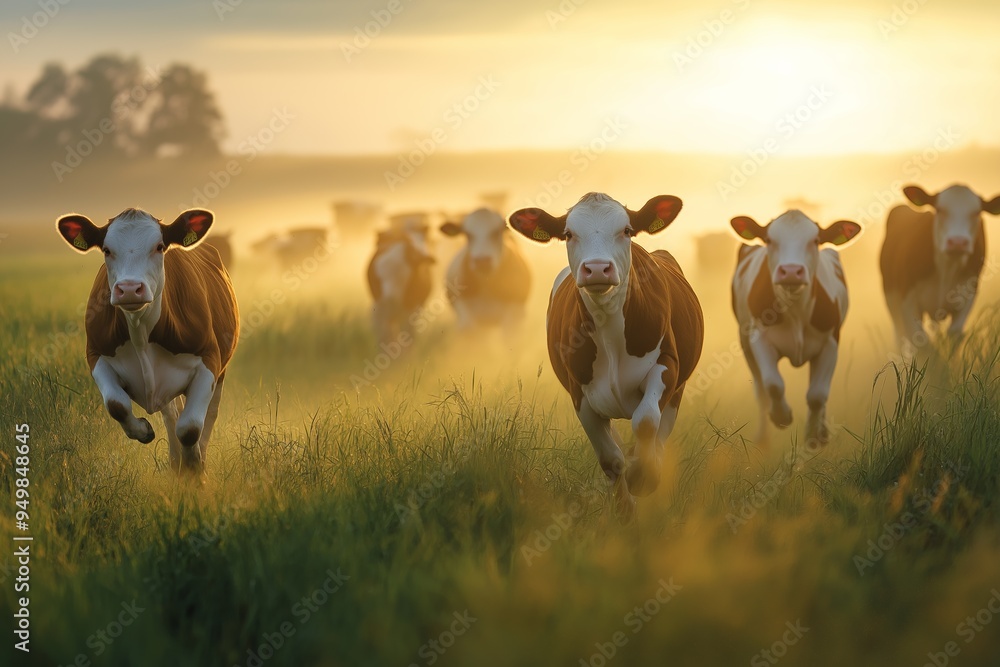 Obraz premium A herd of cows running through a field. The cows are brown and white. The sun is setting in the background