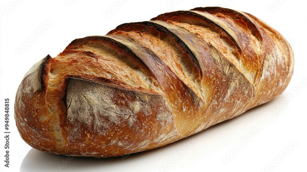 A fresh baguette with a crispy crust, isolated on a white background A fresh baguette with a crispy crust, isolated on a white background