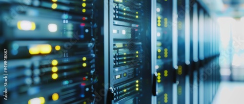 A row of illuminated server racks glows in a dimly lit data center, emphasizing advanced technology and modern computing infrastructure.