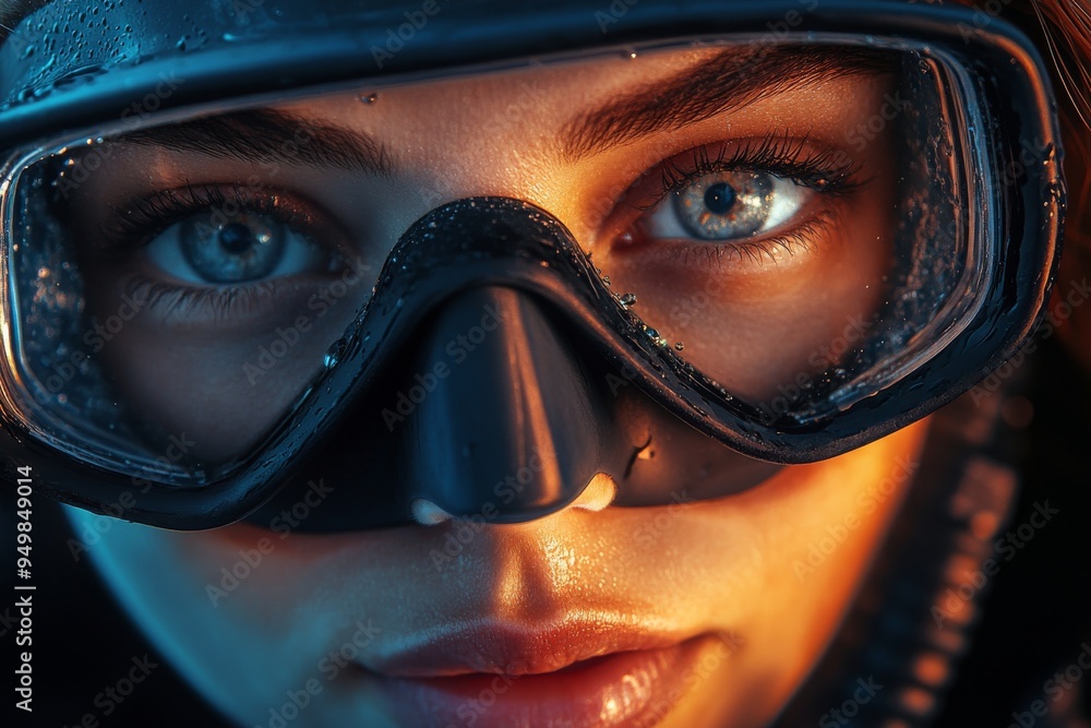 A woman wearing a diving suit and diving gear swims in the open ocean in the portrait A woman wearing a diving suit and diving gear swims in the open ocean in the portrait