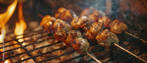 Skewered chunks of grilled meat sear over open flames, releasing tantalizing aromas with each sizzling bite. photo