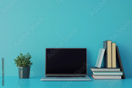 Wallpaper Mural fondo de escritorio con ordenador portatil, una pequeña planta  y libros apilados  para estudiar, sobre fondo azul,  concepto vuelta a la escuela, lectura Torontodigital.ca