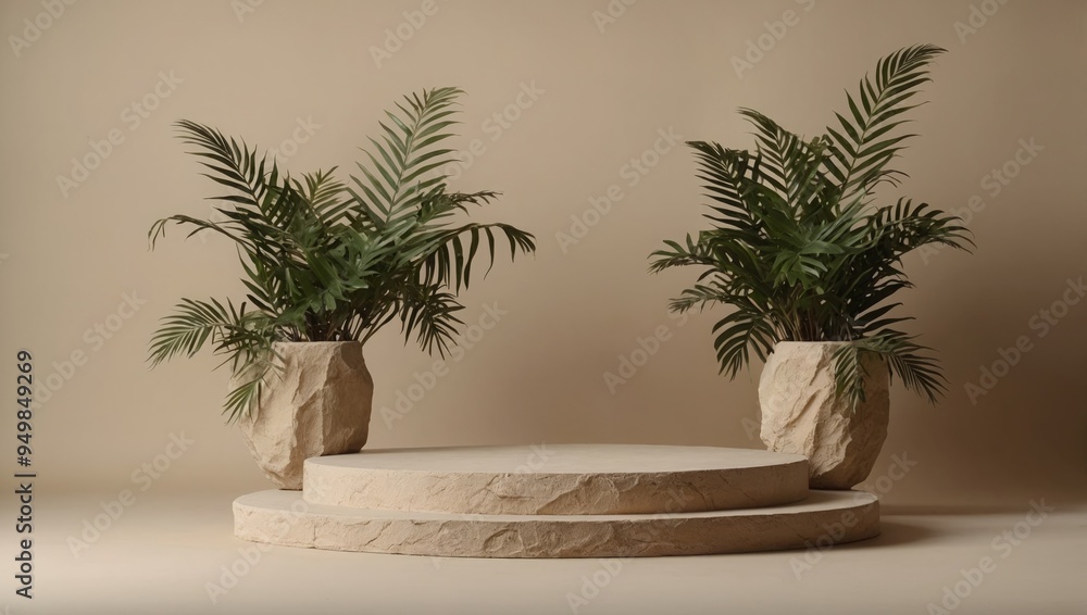 Fototapeta premium Beige stone podium for product presentation decorated