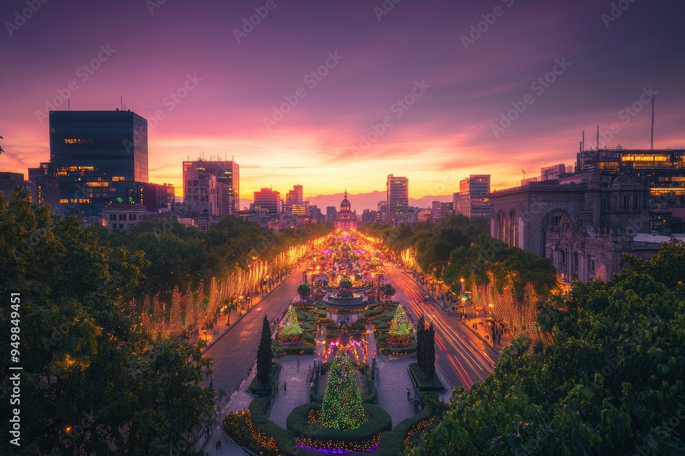 Naklejka premium An aerial drone view of the skyscrapers at Paseo de la Reforma in Mexico City at sunset.