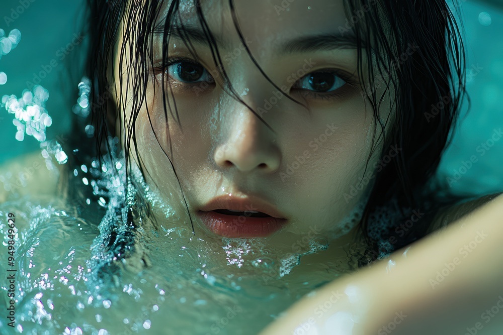 young woman in a pool, with water gently cascading around her. Her wet hair frames her face, creating a calm and reflective atmosphere. young woman in a pool, with water gently cascading around her. Her wet hair frames her face, creating a calm and reflective atmosphere.