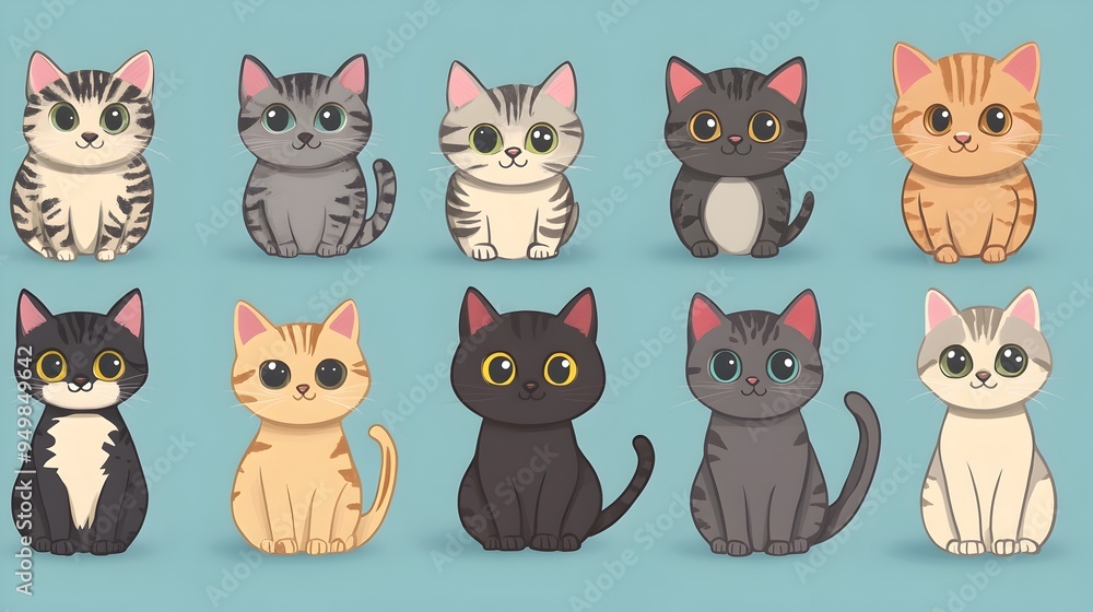 Adorable Cartoon Cats Illustrated in Various Breeds and Colors on Tranquil Blue Background Adorable Cartoon Cats Illustrated in Various Breeds and Colors on Tranquil Blue Background