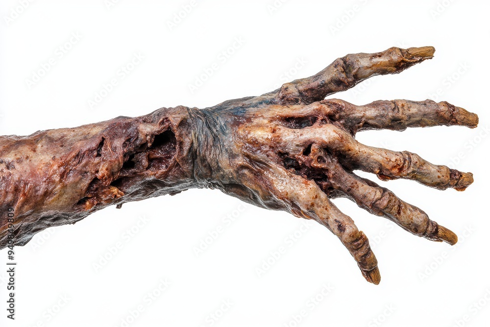 Creepy Realistic Zombie Hand Prop with Decayed Skin and Outstretched Fingers on white background Creepy Realistic Zombie Hand Prop with Decayed Skin and Outstretched Fingers on white background