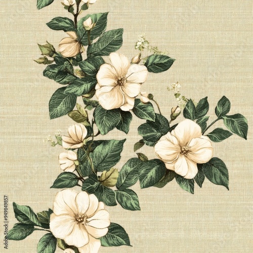 Vintage tapestry gardenia vine border on vintage beige fabric background, seamless repeating pattern, textile print style, minimal, tapestry design, seamless gardenia vine border, home decor, textiles