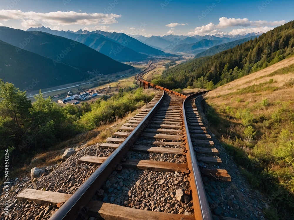 A panoramic view from a mountain top with a railway stretching into the distance among stunning mountain scenery. A panoramic view from a mountain top with a railway stretching into the distance among stunning mountain scenery.