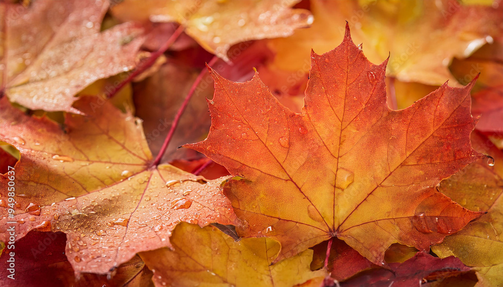 Fototapeta premium Autumn maple leaves with raindrops, abstract fall background. Rain season.