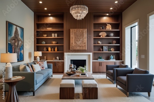 Elegant Wooden Shelving and Creative Decor Ideas for a Spacious Living Room